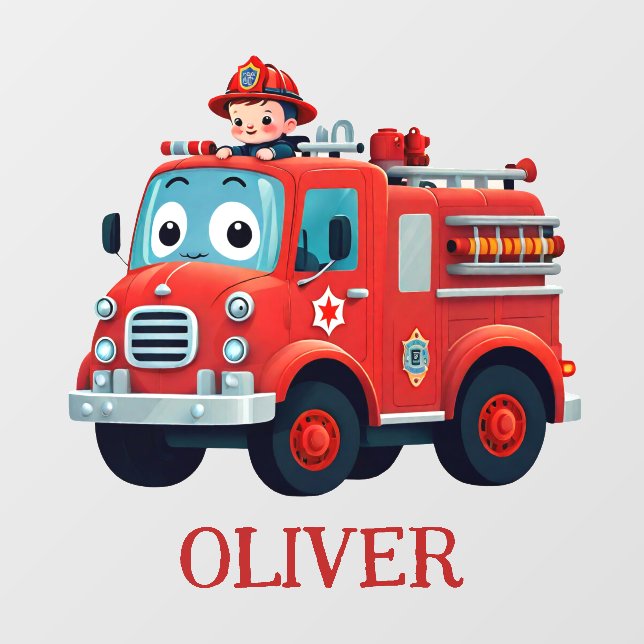 Cute Fire Truck and Firefighter Wall Decal (Front)