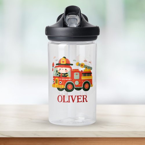Cute Fire Truck and Fireman Personalized Water Bottle