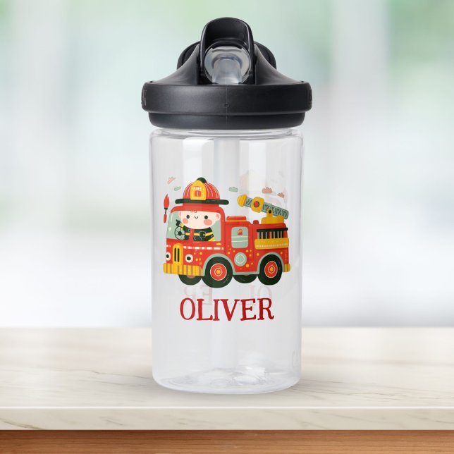 Cute Fire Truck and Fireman Personalized Water Bottle (Creator Uploaded)