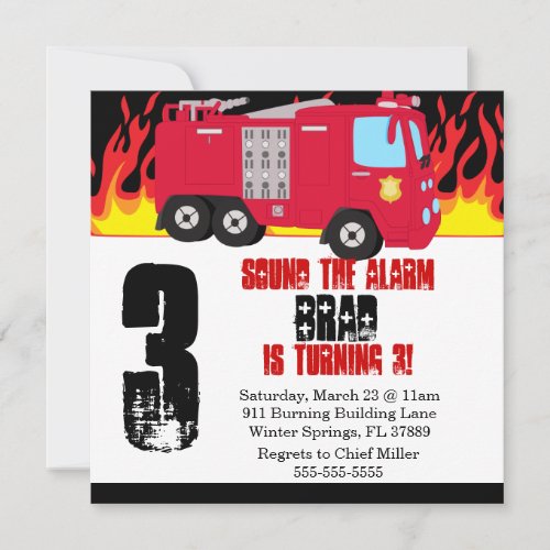 Cute Fire Truck Engine Birthday Party Invitation