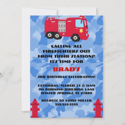 Cute Fire Truck Engine Birthday Party Invitation