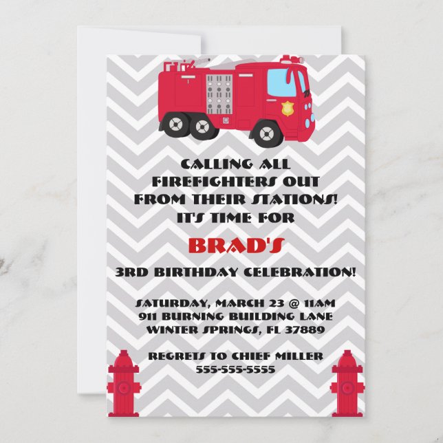 Cute Fire Truck Engine Birthday Party Invitation (Front)