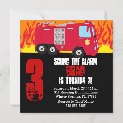 Cute Fire Truck Engine Birthday Party Invitation