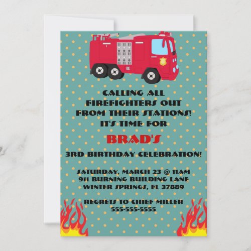 Cute Fire Truck Engine Birthday Party Invitation