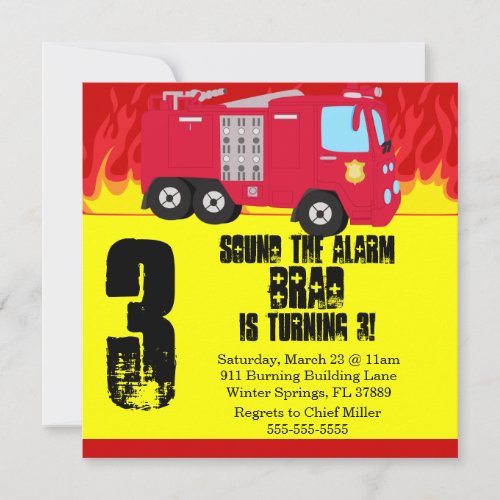 Cute Fire Truck Engine Birthday Party Invitation