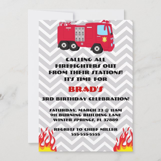 Cute Fire Truck Engine Birthday Party Invitation (Front)