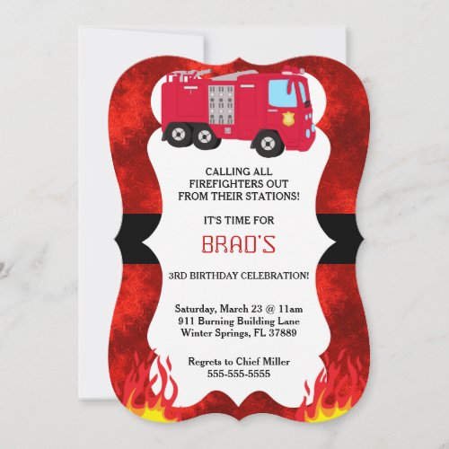 Cute Fire Truck Firefighter Birthday Invitation