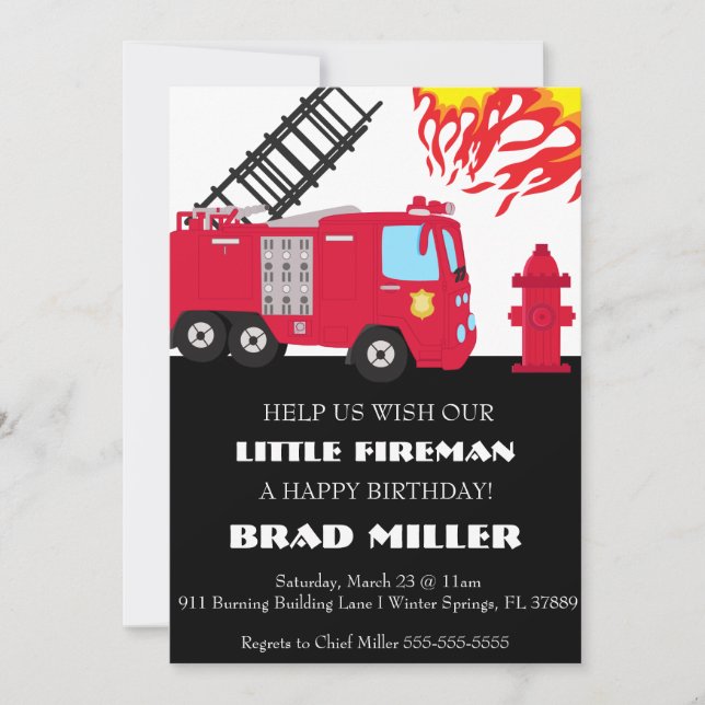 Cute Fire Truck Firefighter Birthday Invitation (Front)