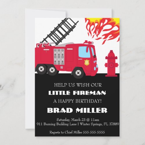 Cute Fire Truck Firefighter Birthday Invitation
