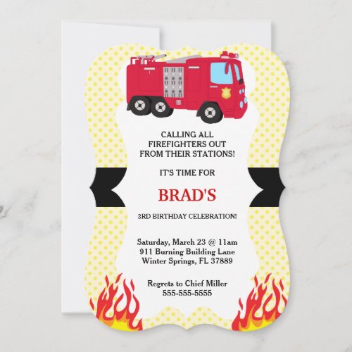 Cute Fire Truck Firefighter Birthday Invitation