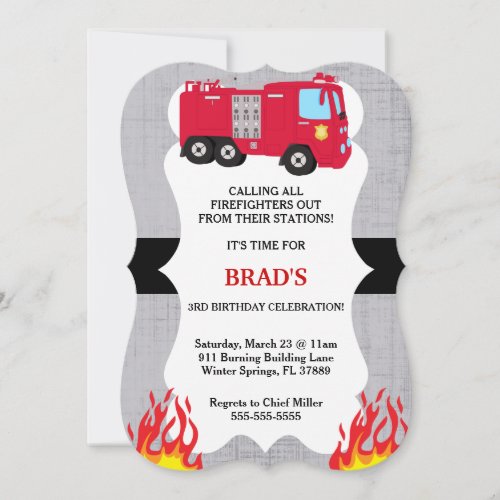 Cute Fire Truck Firefighter Birthday Invitation