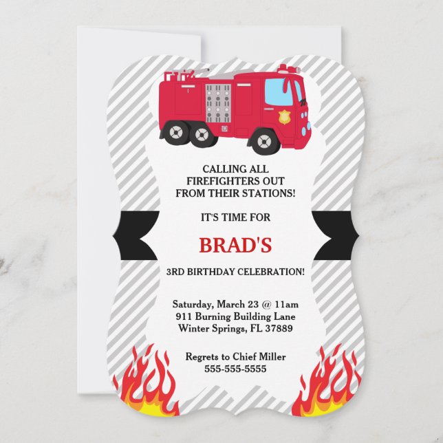 Cute Fire Truck Firefighter Birthday Invitation (Front)