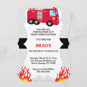 Cute Fire Truck Firefighter Birthday Invitation