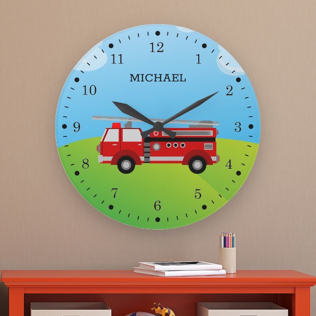 Cute Fire Truck Firefighter Kids Room Large Clock (Creator Uploaded)