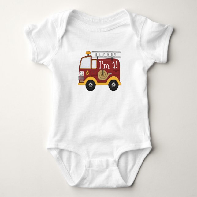 Cute Fire Truck Kids Birthday Personalized Baby Bodysuit (Front)