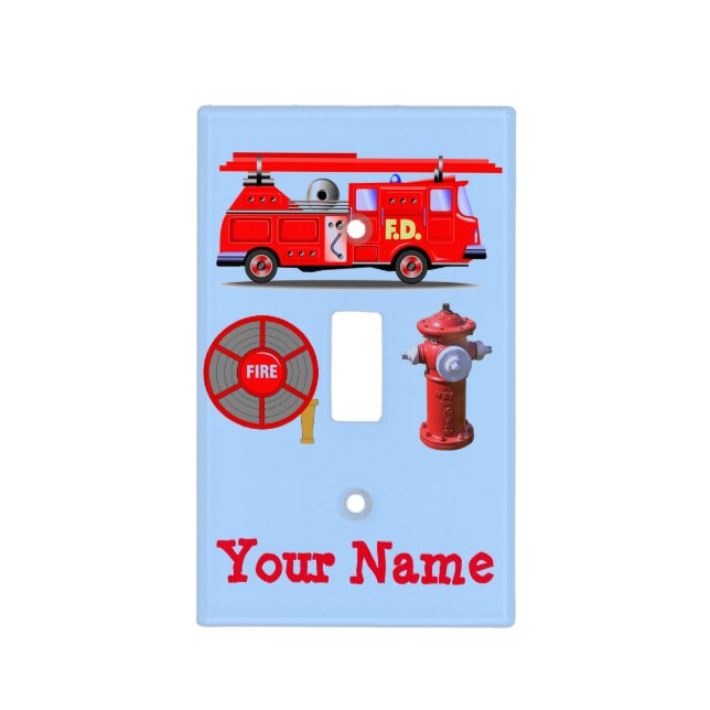 Cute Fire Truck Light Switch Cover "Add Your Name" (Front)