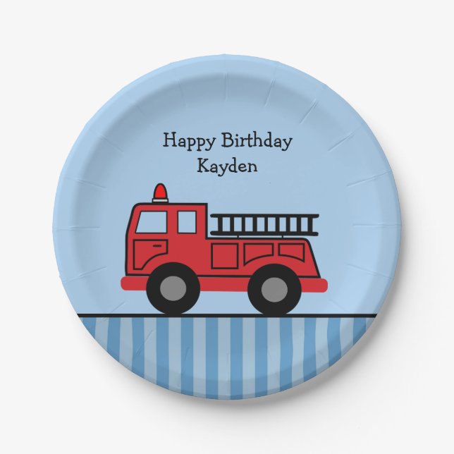Cute Fire Truck Personalized Birthday Paper Plates (Front)