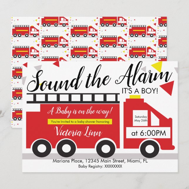 Cute Fire Truck Vehicle Baby Shower Confetti  Invitation (Front/Back)