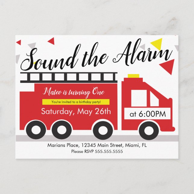 Cute Fire Truck Vehicle Confetti 1st Birthday Postcard (Front)
