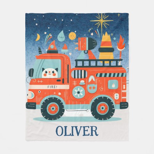 Cute Fire Truck With a Cat at Night Fleece Blanket