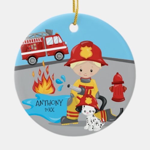 Cute Firefighter Blonde Boy Christmas Ceramic Ornament