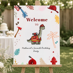 Cute Firefighter Dinosaur birthday welcome sign 