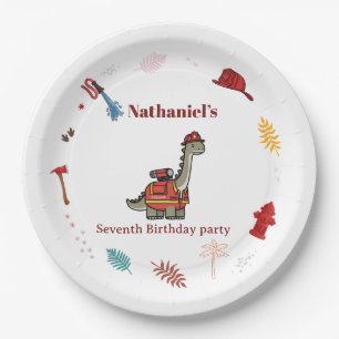 Cute Firefighter Dinosaur roar and rescue Birthday Paper Plates