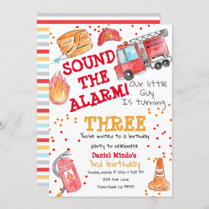 Cute firefighter, firetruck kid birthday invite