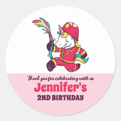 Cute Firefighter Unicorn Kids Birthday Party Favor Classic Round Sticker