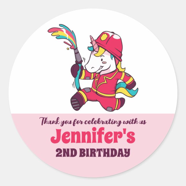 Cute Firefighter Unicorn Kids Birthday Party Favor Classic Round Sticker (Front)