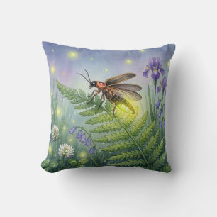 Cute Firefly and Flowers Tiny Insects Throw Pillow