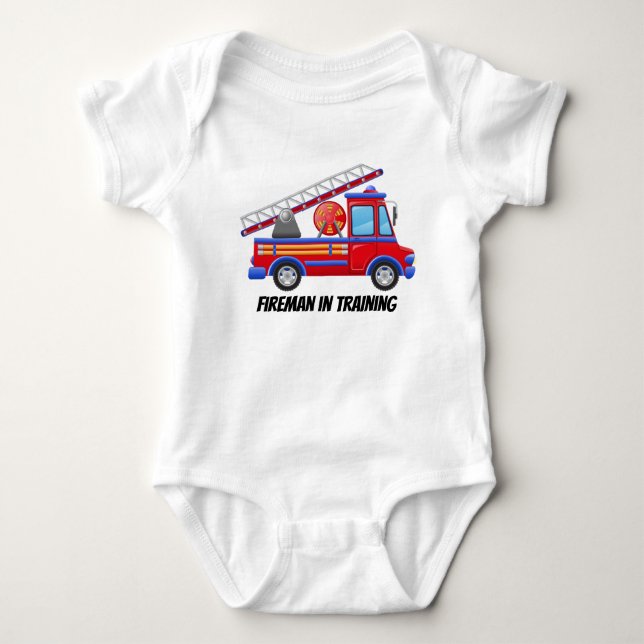 Cute fireman in training truck baby bodysuit (Front)