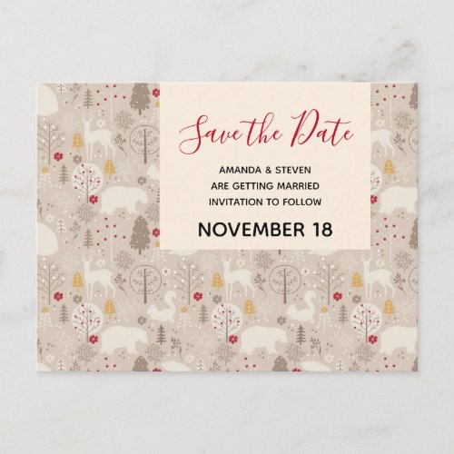 Cute Firest Animals Pattern Save the Date Wedding Invitation Postcard