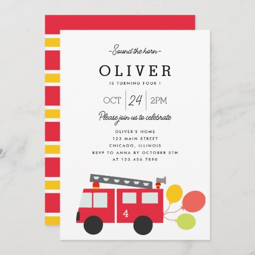 Cute Firetruck and Balloons Kids Birthday Party Invitation