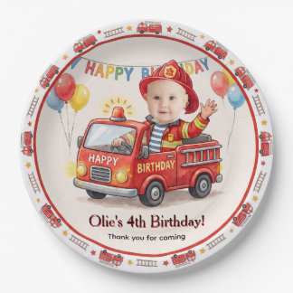 Cute Firetruck Custom Photo Boy Birthday Party Paper Plates