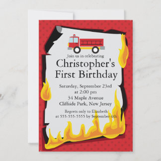 Cute Firetruck fireman Birthday Party Invitation