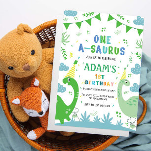 Cute First 1st Birthday Green Dinosaur Invitation