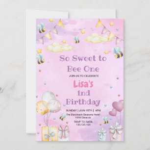 Cute First 1st Birthday Honey Sweet Bee Purpule Invitation