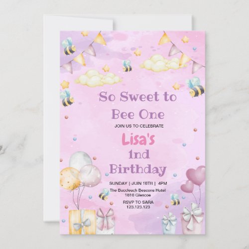 Cute First 1st Birthday Honey Sweet Bee Purpule Invitation