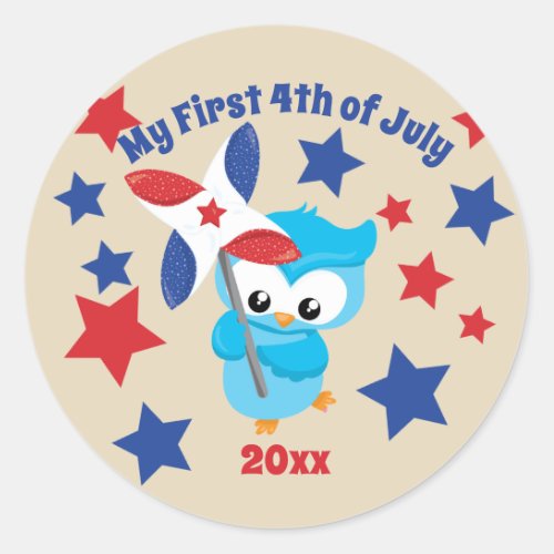 Cute First 4th of July Patriotic Owl Classic Round Sticker