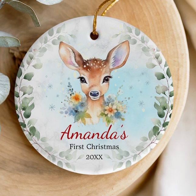 Cute first baby Christmas baby girl deer wreath Ceramic Ornament (Creator Uploaded)