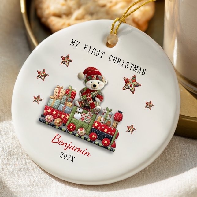 Cute first baby Christmas patchwork bear train Ceramic Ornament (Creator Uploaded)