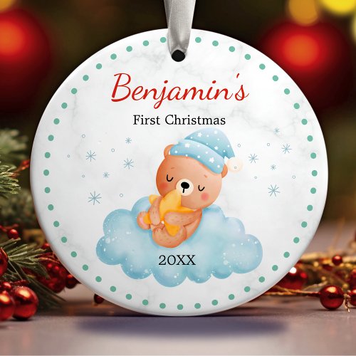 Cute first baby Christmas teddy bear blue Ceramic Ornament