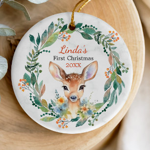 Cute first baby Christmas wreath and baby deer Ceramic Ornament