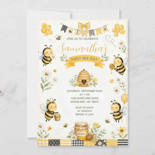 Cute First Bee Day Birthday Daisy Floral Yellow Invitation (Front)