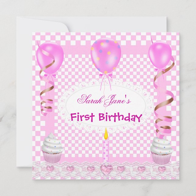 Cute First Birthday 1st Girl Pink Balloons Cupcake Invitation (Front)