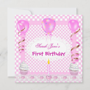 Cute First Birthday 1st Girl Pink Balloons Cupcake Invitation