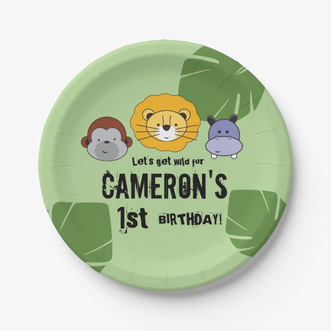 Cute first Birthday Jungle Safari animal theme Paper Plates (Front)