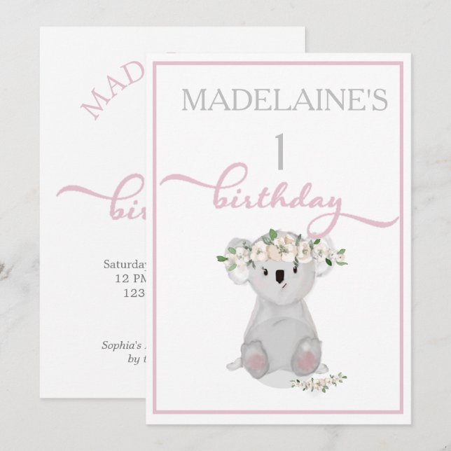 Cute First Birthday Koala Floral Pink Invitation (Front/Back)