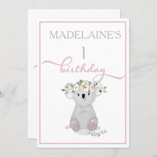 Cute First Birthday Koala Floral Pink Invitation